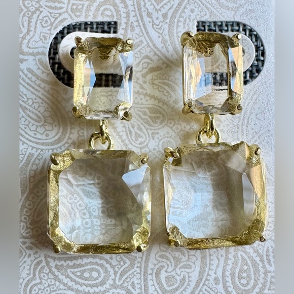 New Clear Faceted Crystals & Gold Tone Sophisticated Statement Earrings - 1.40” - Picture 1 of 7